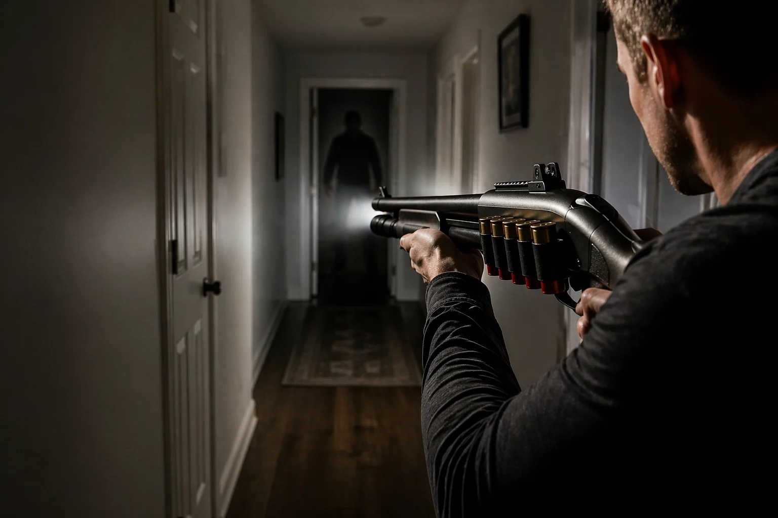 A man holding a shotgun with a light, looking down a hallway