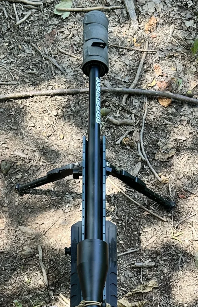 A gun supported by a front bipod. 