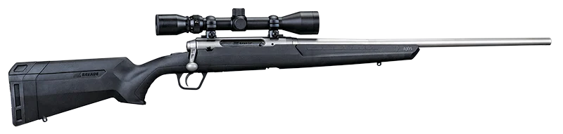 A black rifle with a scope attached on a white background