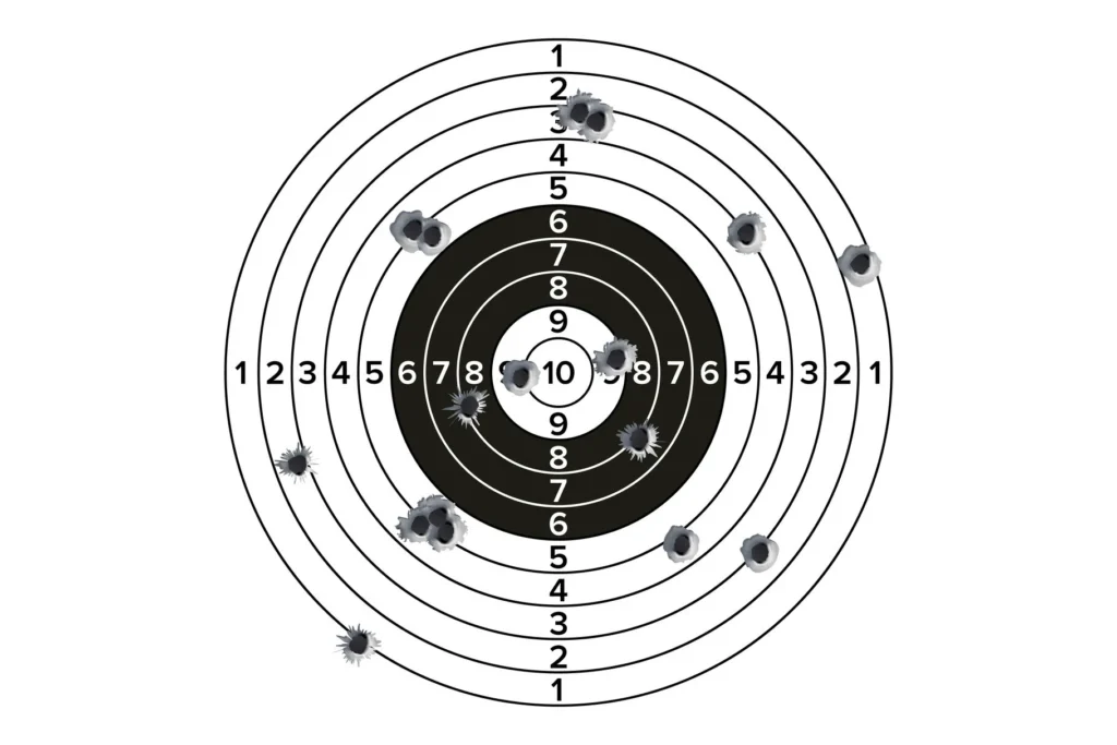 A target with bullet holes all around it. No pattern.